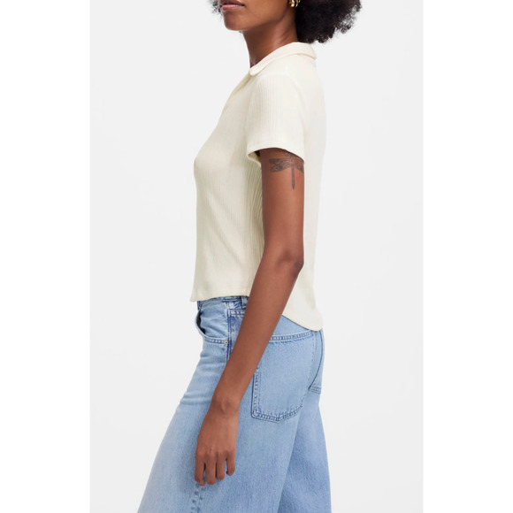 Madewell Ribbed V Neck Polo Tee Top Stretch Lyocell Lighthouse Ivory Slim S NWT - Picture 3 of 11